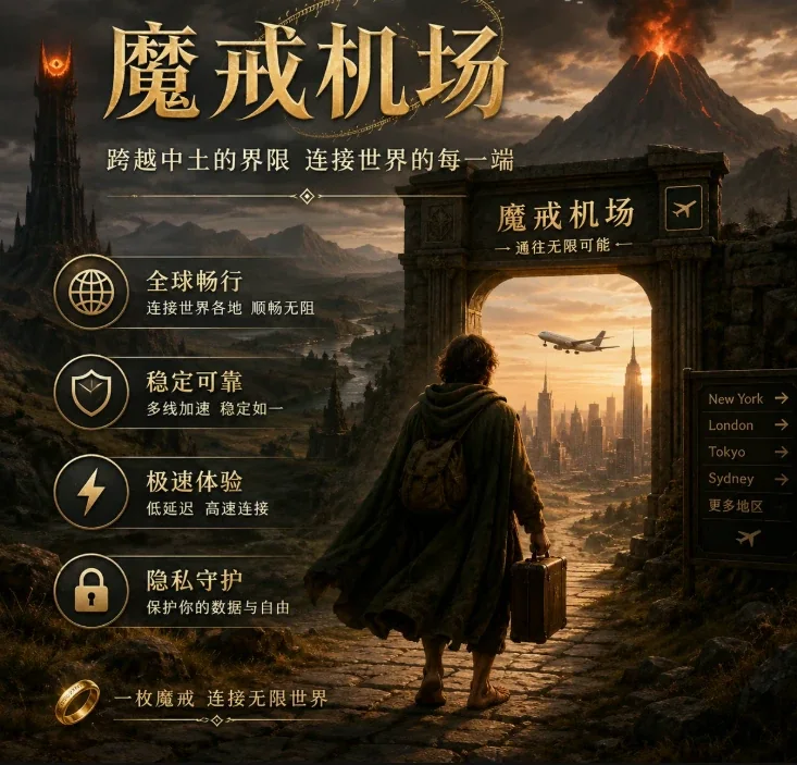 魔戒 Mojie 机场品牌主视觉：以金戒与远山为意象的网络加速服务标识，与同名电影无关